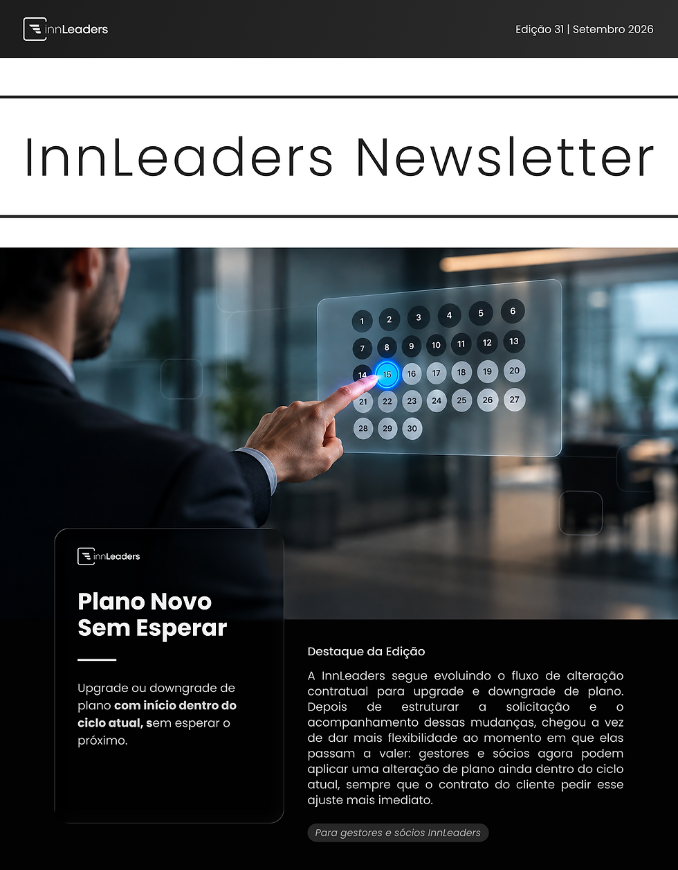 Capa da newsletter InnLeaders, com laptop, planta e caneca sobre fundo azul; destaque para gestão de contrato e texto em português.