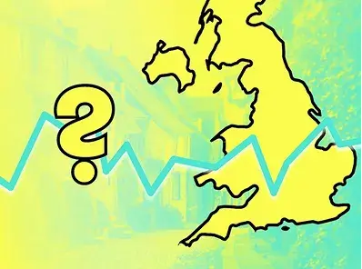 Question mark, UK map, and trend line