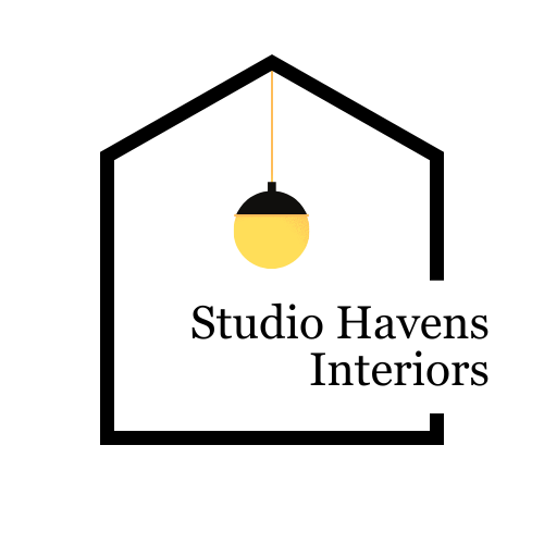 Studio Havens Interiors logo within house outline, with yellow pendant light.