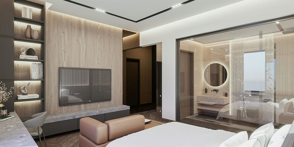 Modern luxury bedroom suite with glass-enclosed bathroom and illuminated shelving.