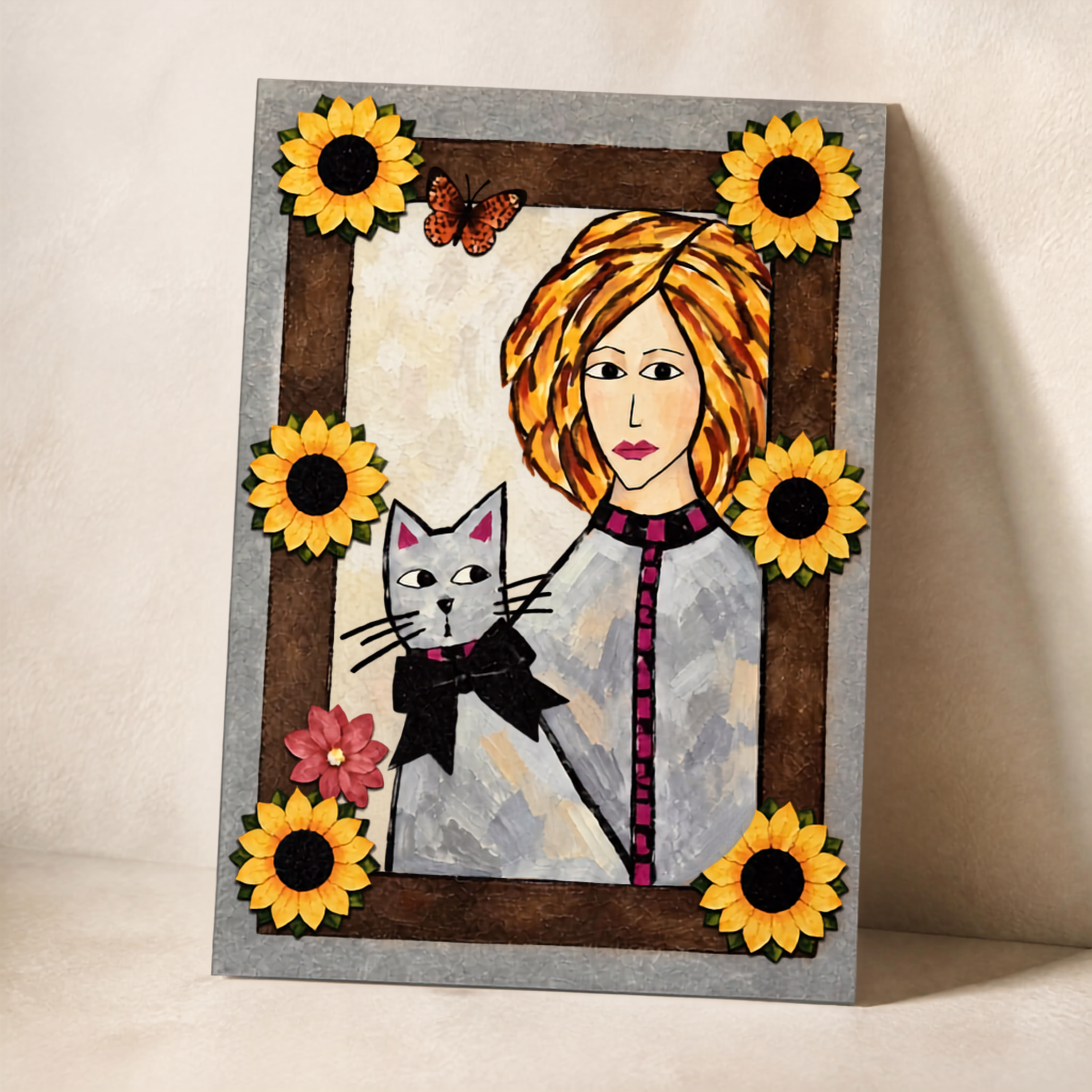 Notecard with a woman and her cat surrounded by sunflowers and a butterfly