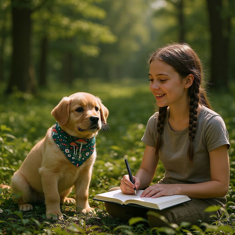 A young girl writing in a book sitting next to a dog wearing a Comfort Diva pet bandana