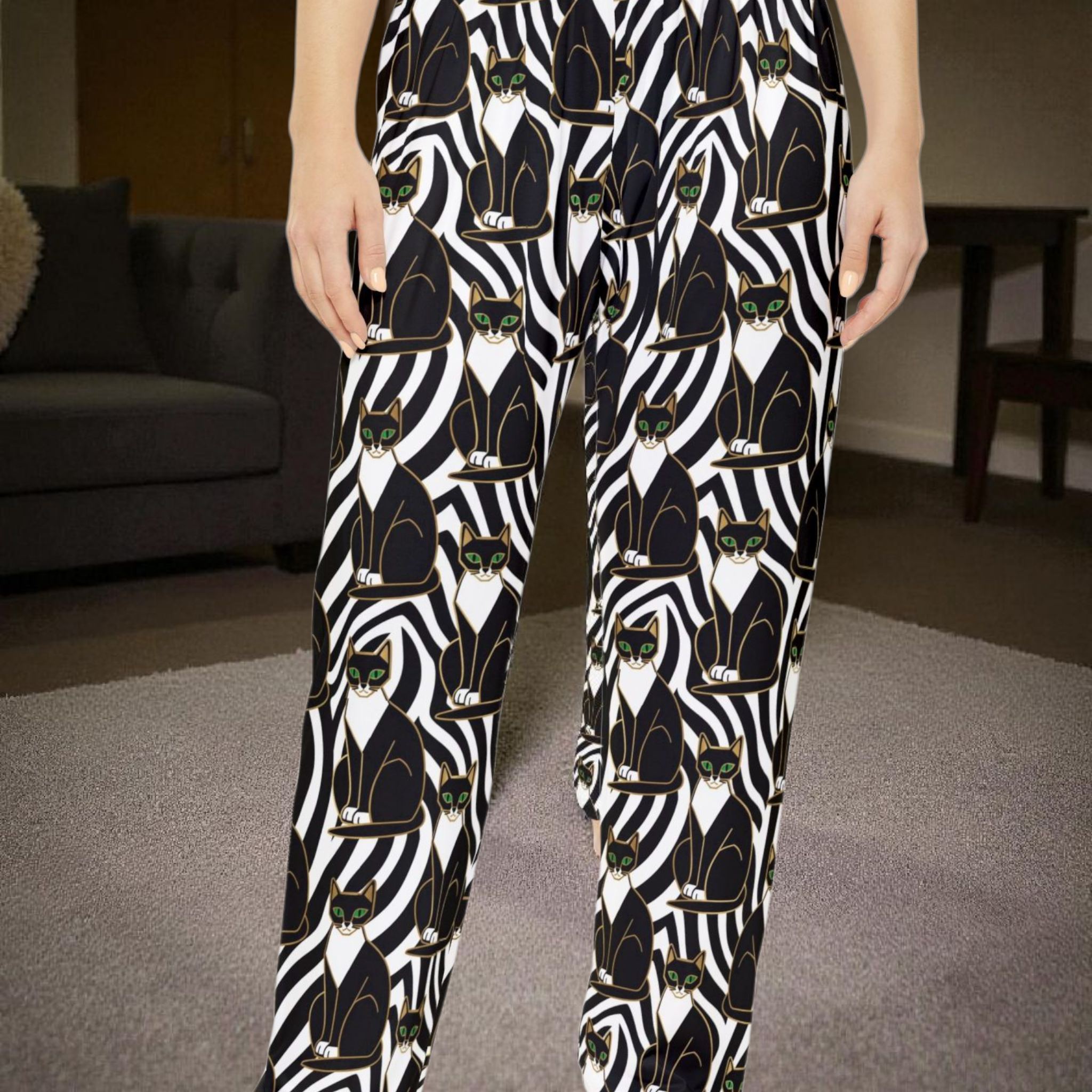 rt Deco Cat Pajama Pants in Black and White Pattern Styled