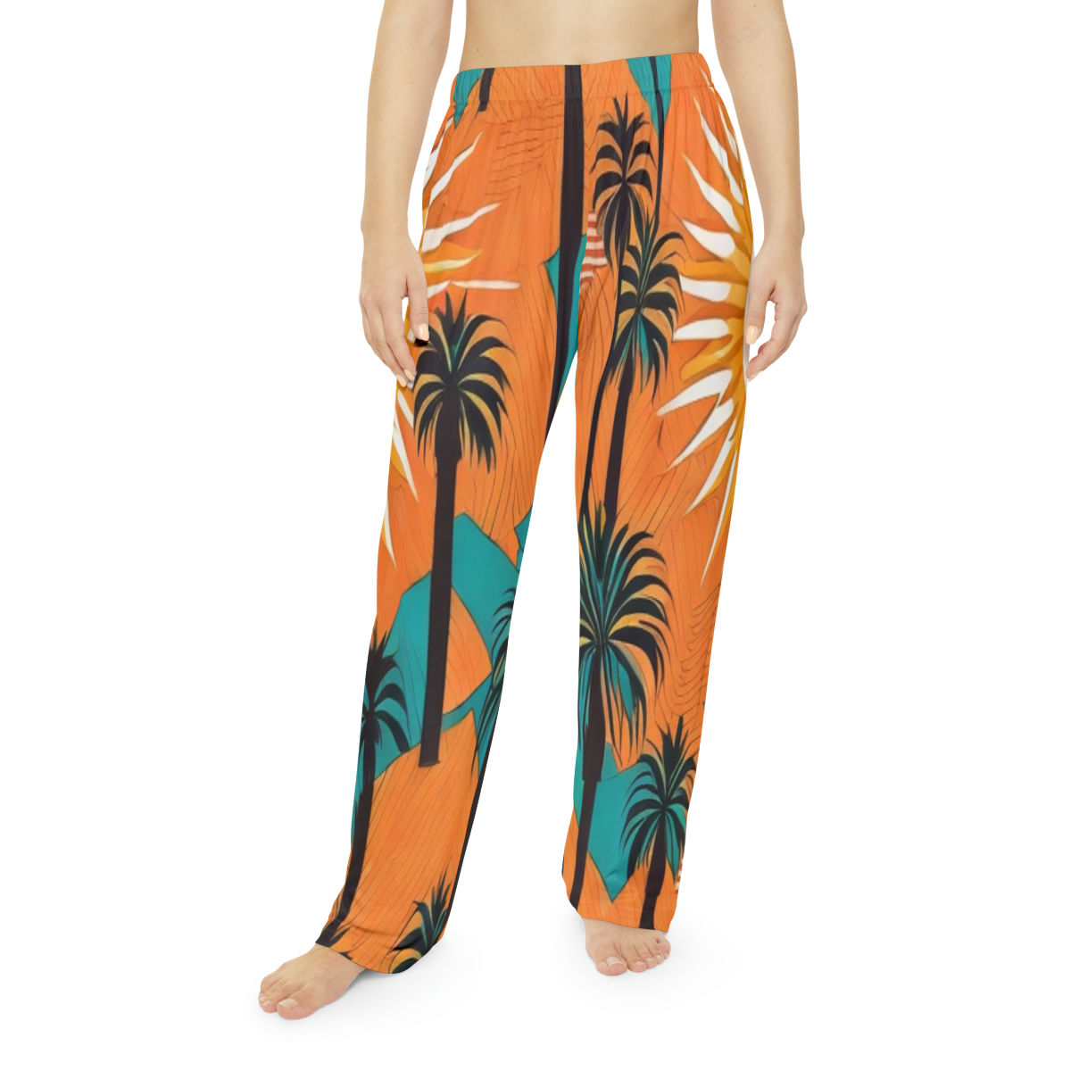 Pajama pants with Hawaiian print design on person front view