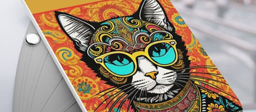 Close-up of a colorful luggage tag featuring a cat with blue glasses and intricate patterns, attached to a suitcase in a bright airport.