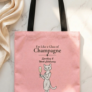 Pink Tote Bag with a Cat holding a champagne glass and the slogan: I'm Like a Glass of Champagne