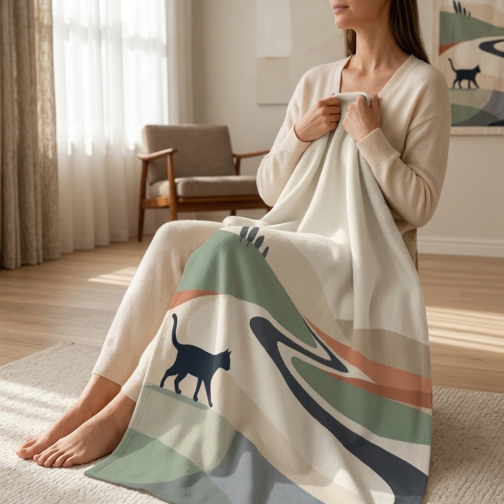 Woman wearing white in a living room with a blanket draped over her with a black cat landscape design
