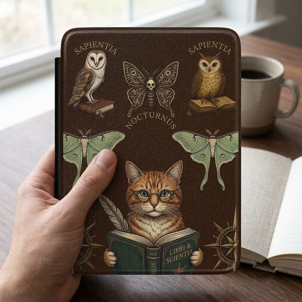 Hand holds brown Kindle cover with owl, moth, and cat illustrations and Latin text, beside a coffee mug and open book on a table
