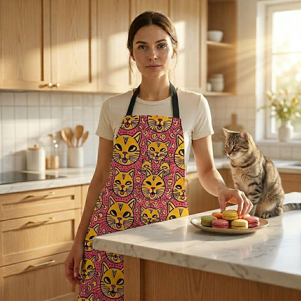 Woman in cat-print apron in sunny kitchen, reaching for colorful macarons while a tabby cat watches from the counter.