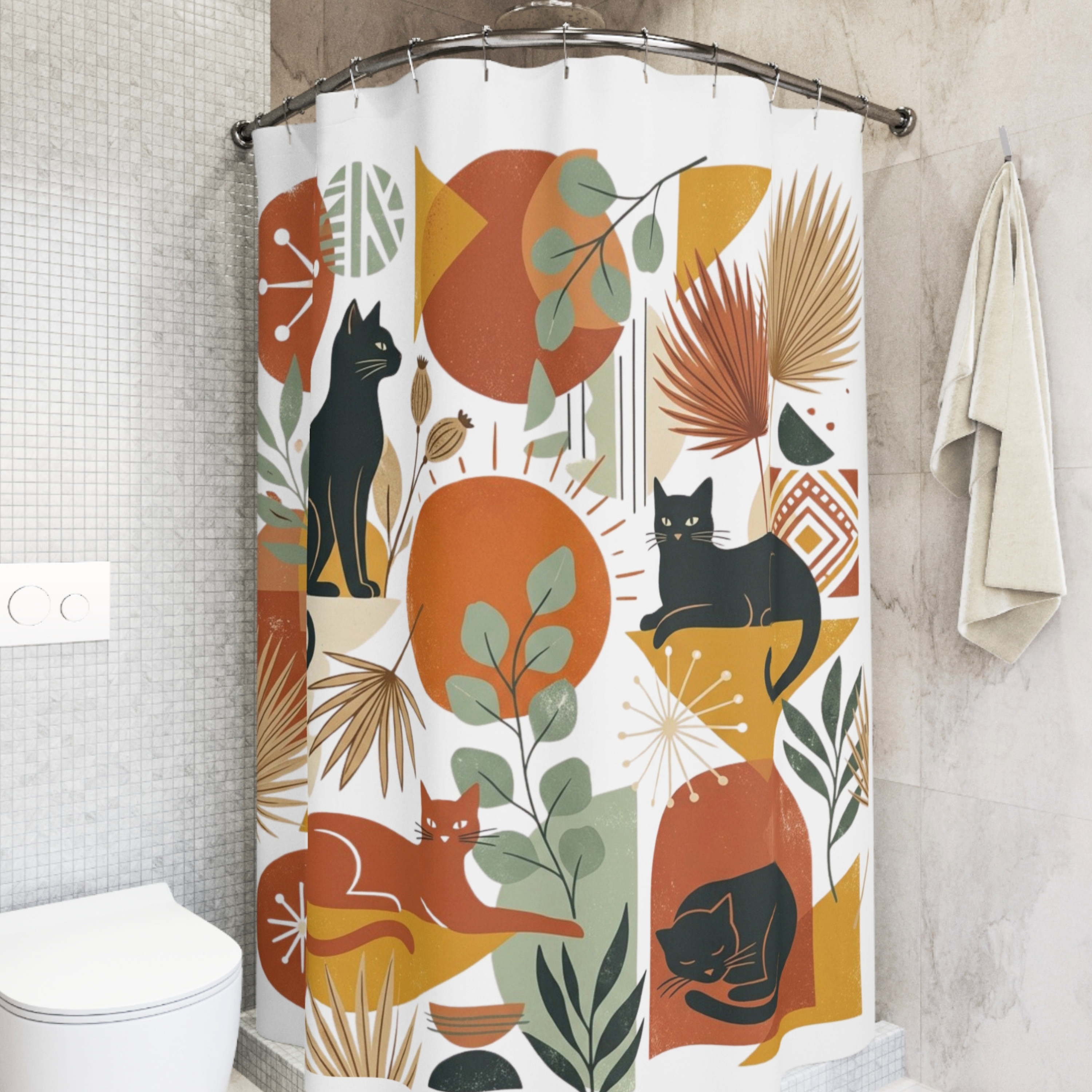 Round shower stall with a shower curtain with black cats and geometric shapes in a retro style