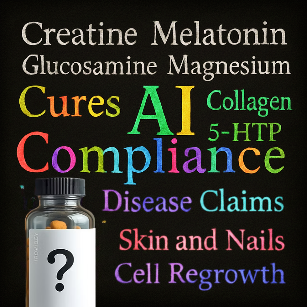 A bottle with a question mark label in front of colorful text including "Creatine," "AI," "Compliance," and "Cell Regrowth" on a black background.