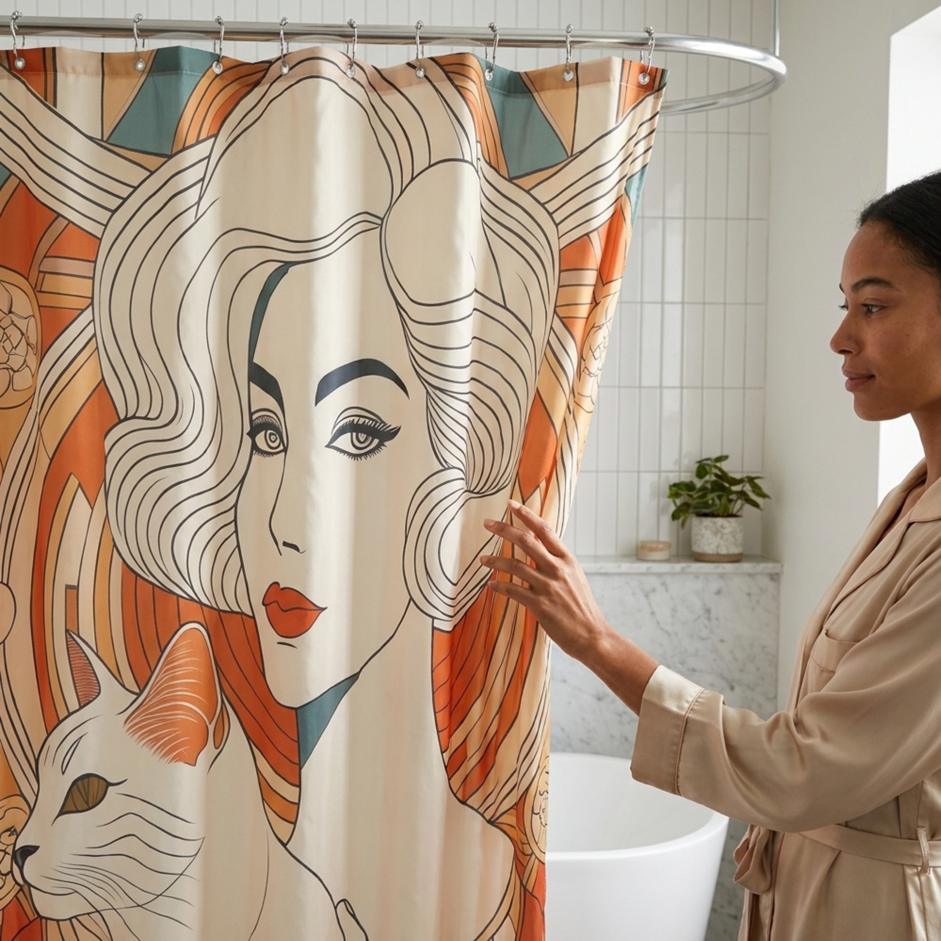 Woman in a silk bathrobe pulls open an orange and white art deco shower curtain with a glamorous woman and cat design.