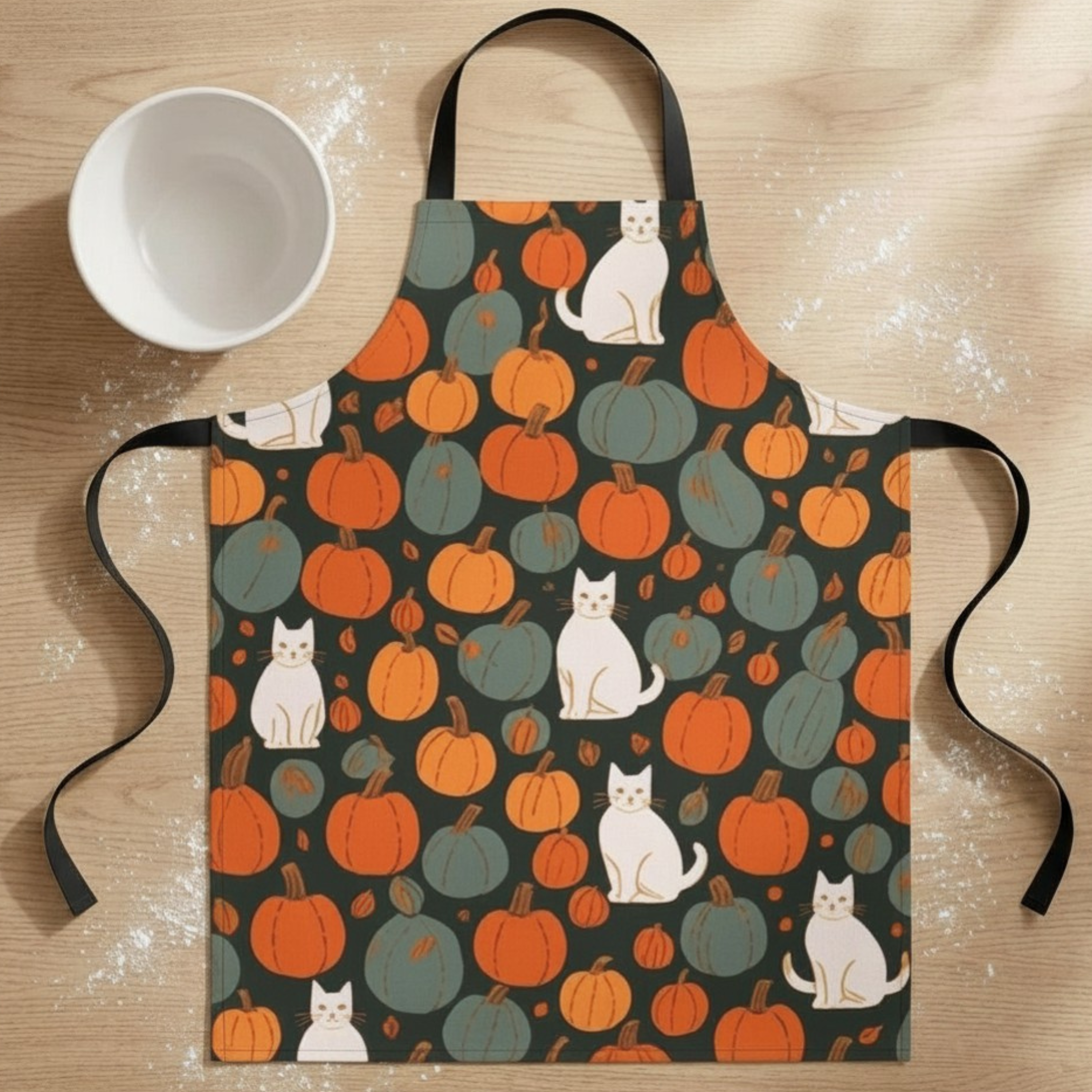 Cute apron with white cats and pumpkins next to a white bowl