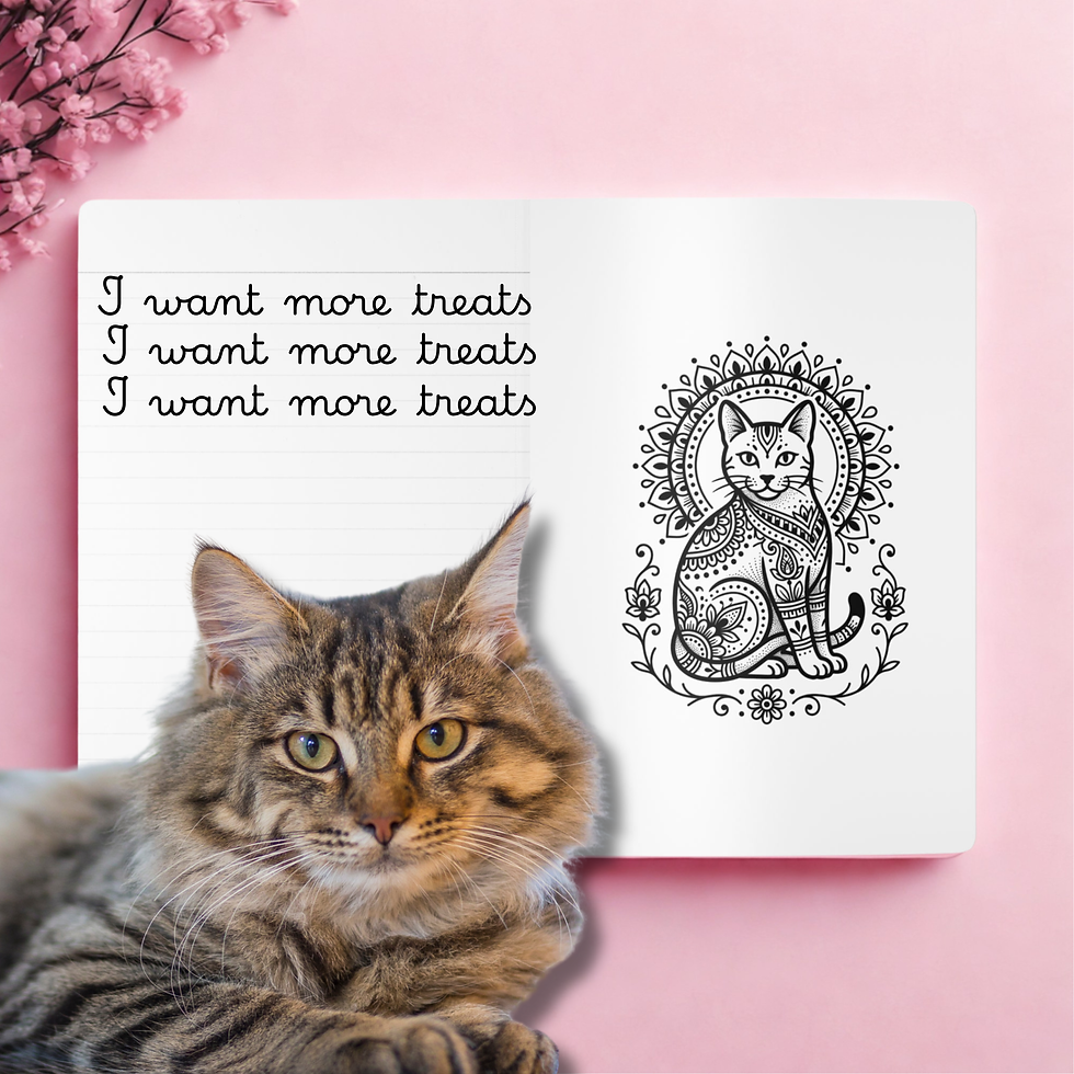Tabby cat on a pink background next to a notebook with "I want more treats" written and a decorative cat drawing. Floral accent.