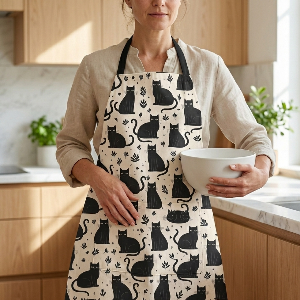 Woman carrying a bowl in a kitchen wearing an apron with a black cat print