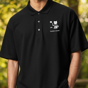 Cat Dad Golf Polo with a Cat Holding a Champagne Glass and the text "Another Round"