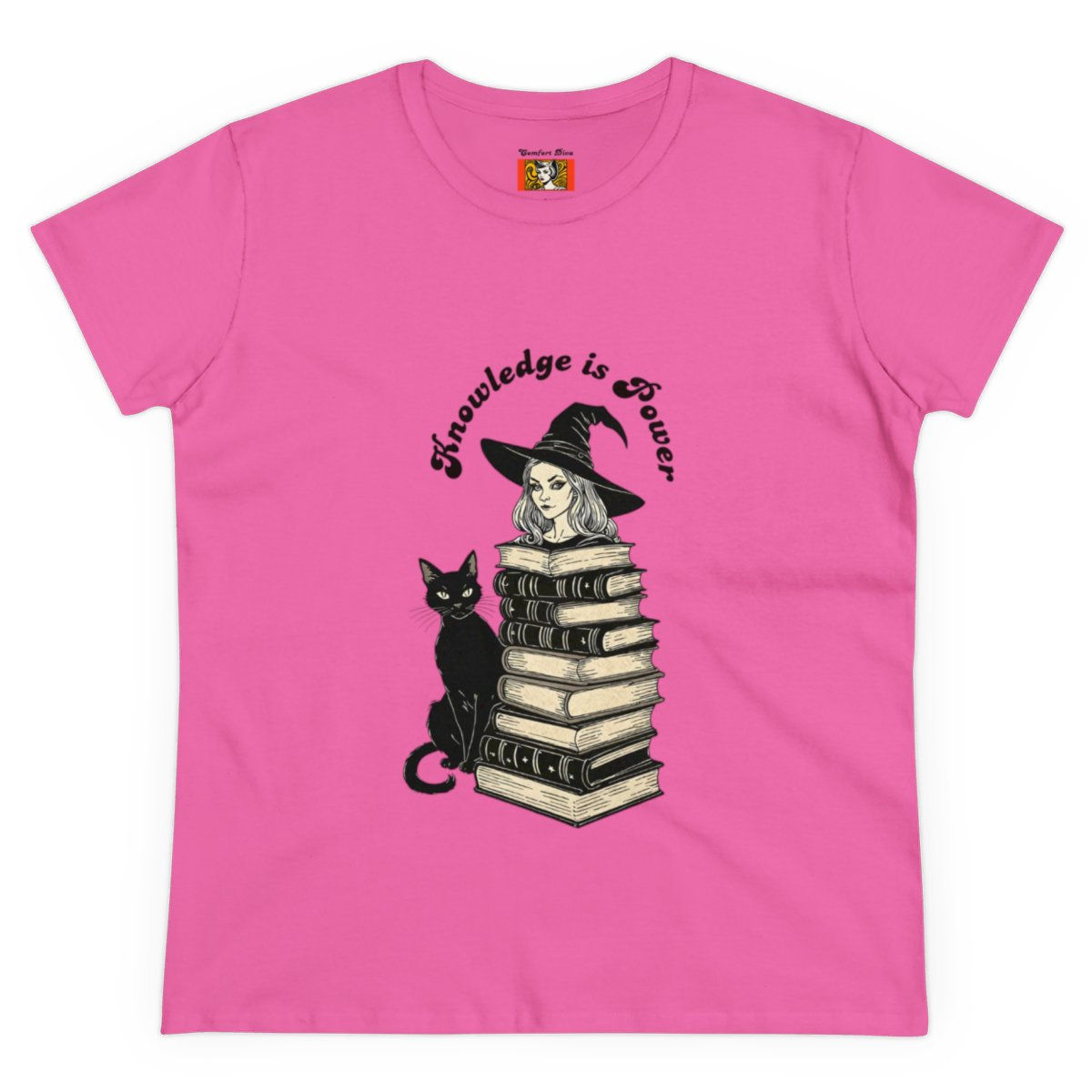 Hot Pink Azalea Halloween Tee Front Side with Witch and Black Cat