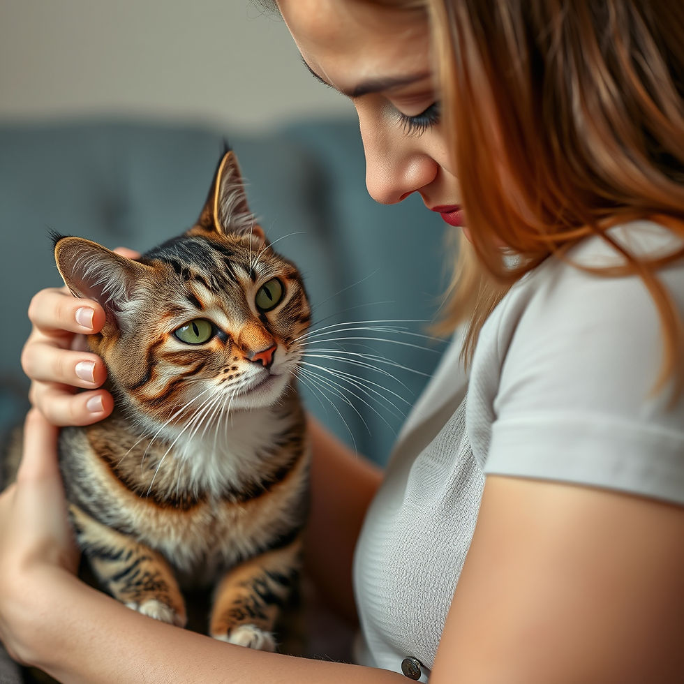 Woman gently cradles a tabby cat indoors on a sofa, sharing a tender, calm moment.