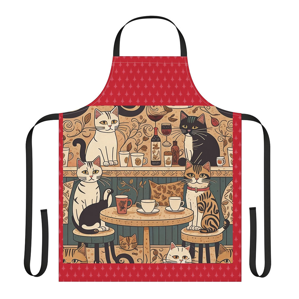 Thumbnail: Cat Cafe Apron Vintage Inspired Parisian Design Front with Black Straps