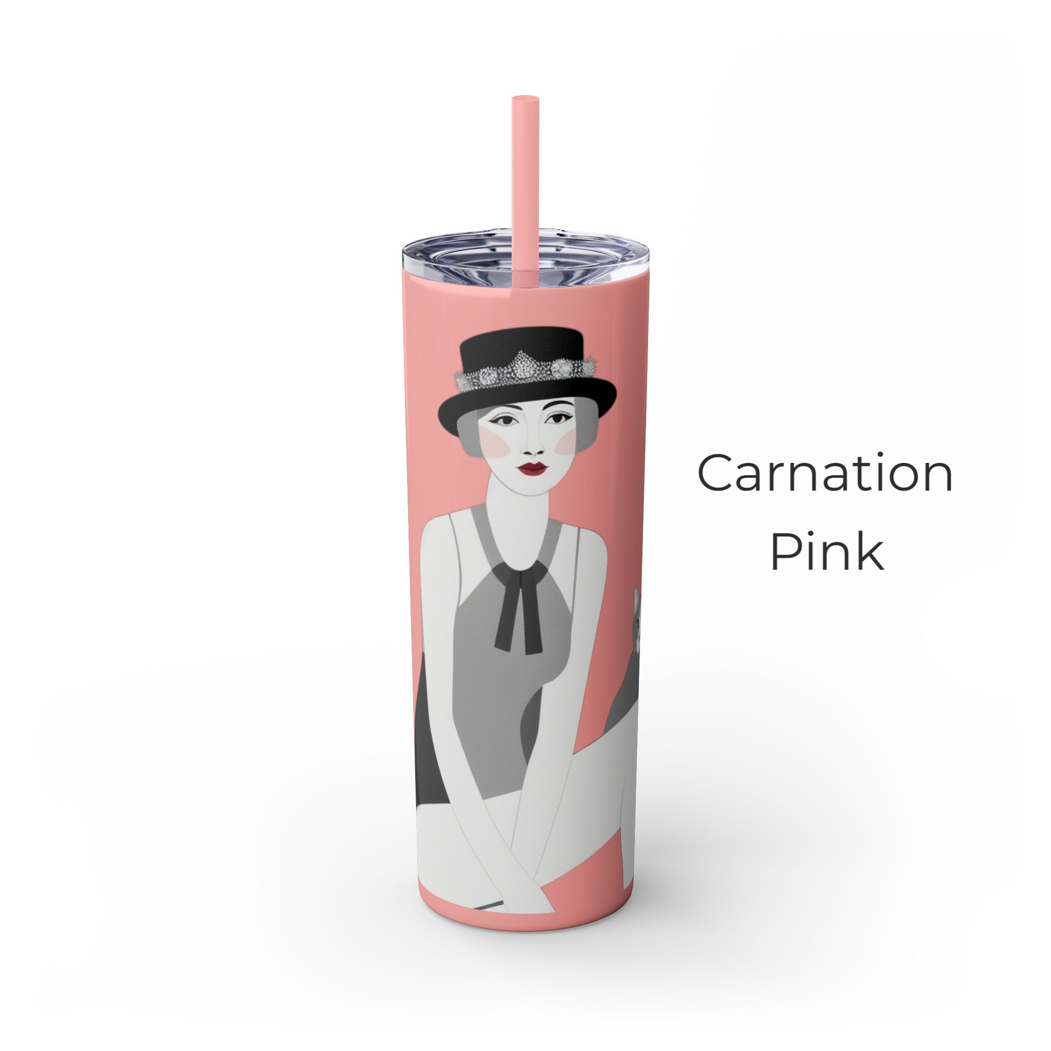 Retro Skinny Tumbler Carnation Pink color with flapper graphic