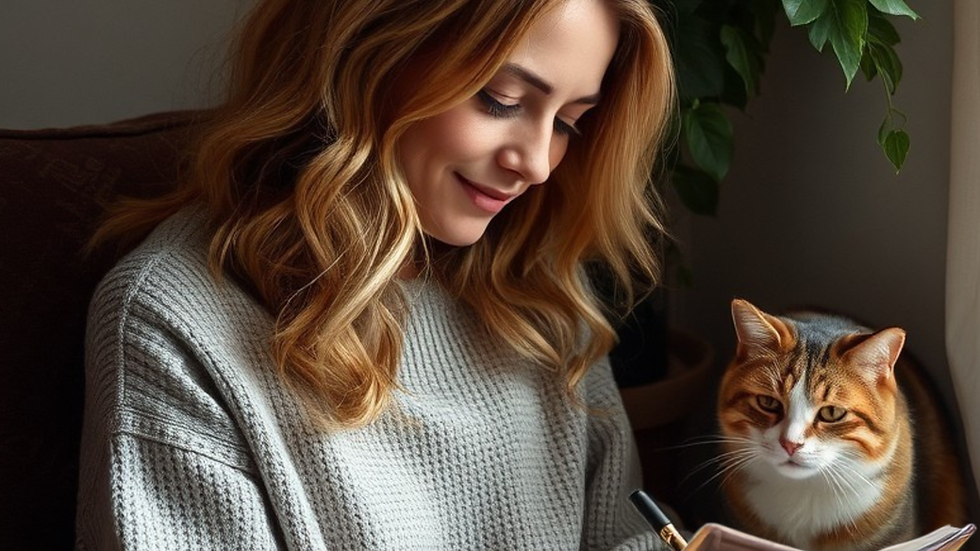 Woman in a gray sweater writes in a journal, smiling, with a tabby cat beside her. Plant and framed art in the cozy room setting.