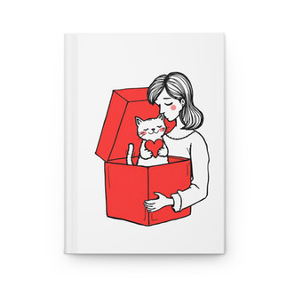 Cat Lover Journal Hard Cover with cat mom opening a gift with a cat inside holding a heart