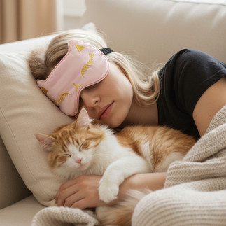 Pink Cat Satin Sleep Mask on a woman sleeping with her cat