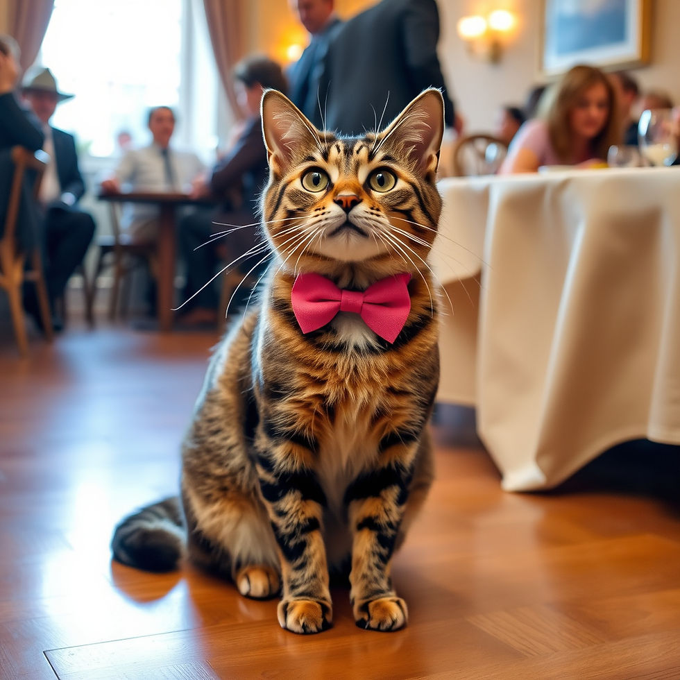 Bengal cat with a pink bow tie sits on a wooden floor in a restaurant. People in formal attire dine in the blurred background.