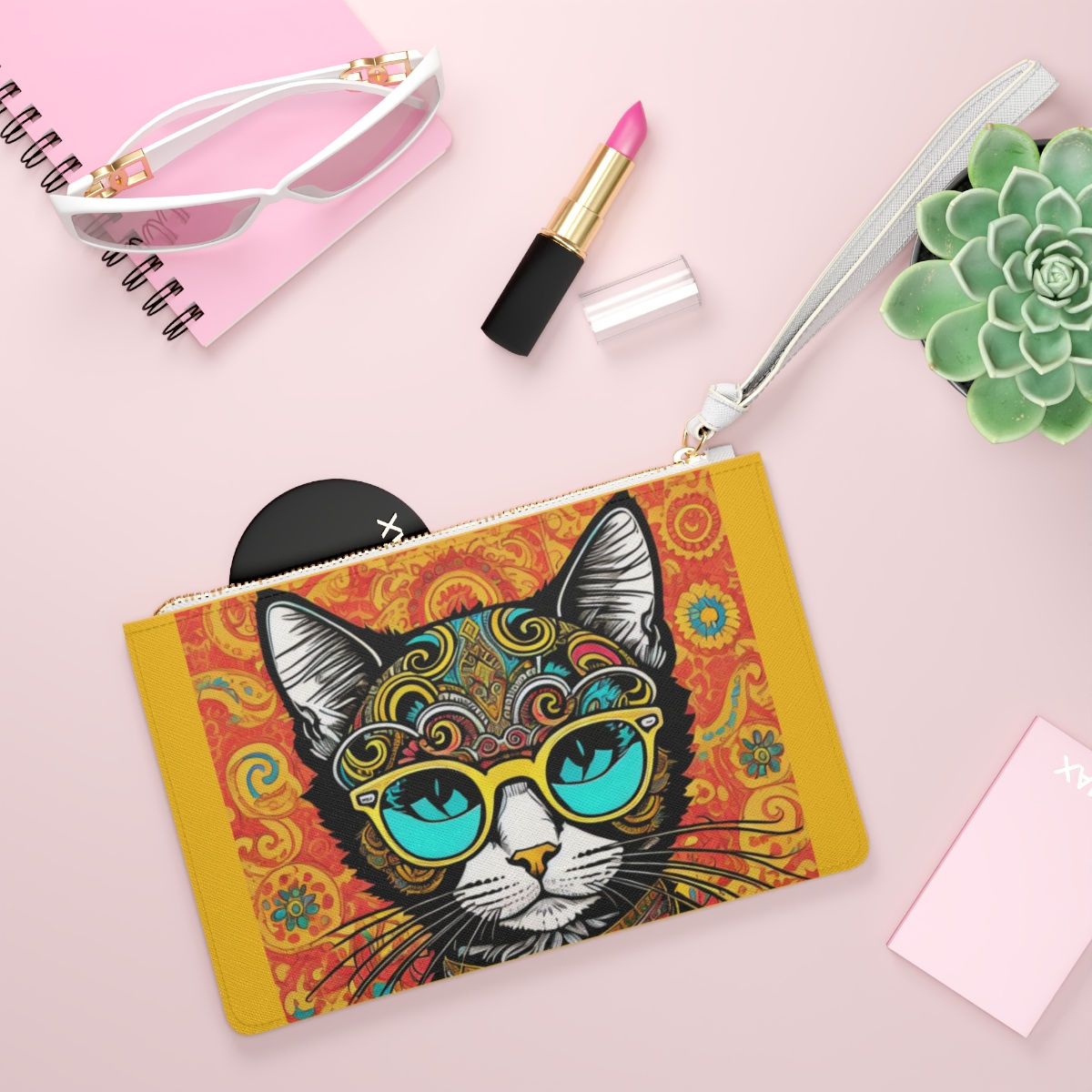 Vegan Leather Cat Clutch Showing Cosmetics surrounding the vegan clutch bag