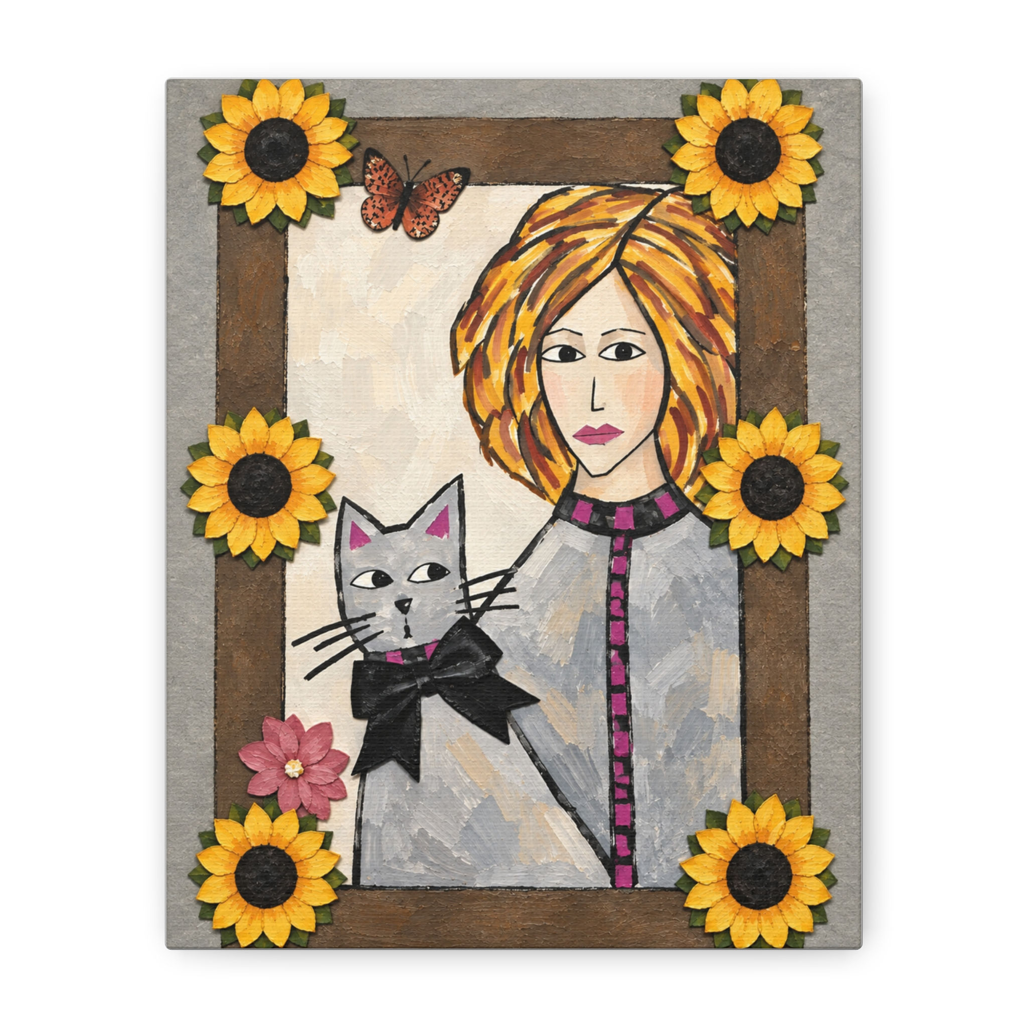 Cat Lady Wall Art Canvas with Sunflowers