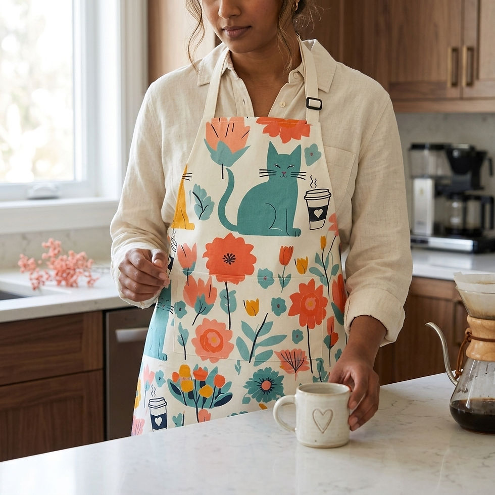 Thumbnail: Woman in a floral modern apron with cats and white straps in a modern kitchen.