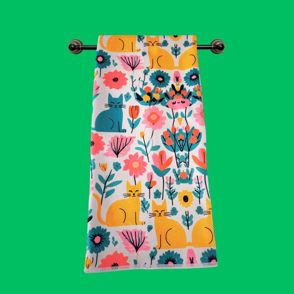 Microfiber Towel shown hanging on a green background