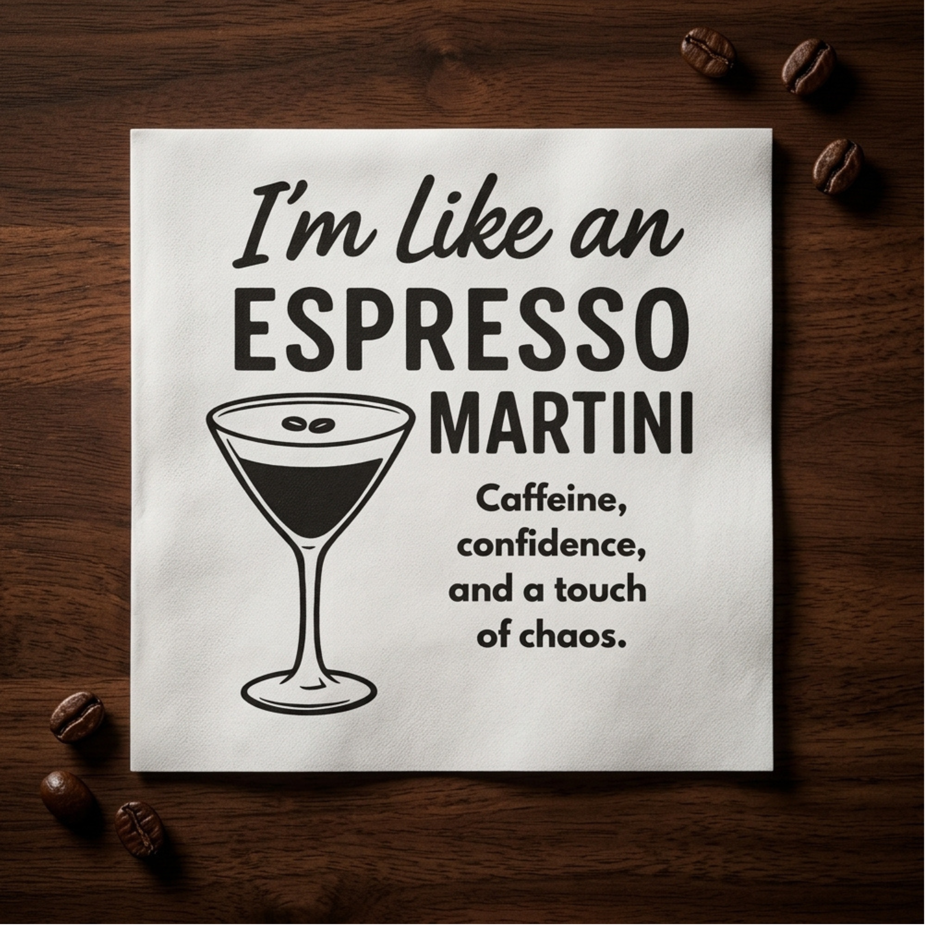 Cocktail napkin with an illustration of an espresso martini and the slogan "I'm Like an Espresso Martini, Caffeine and Chaos.