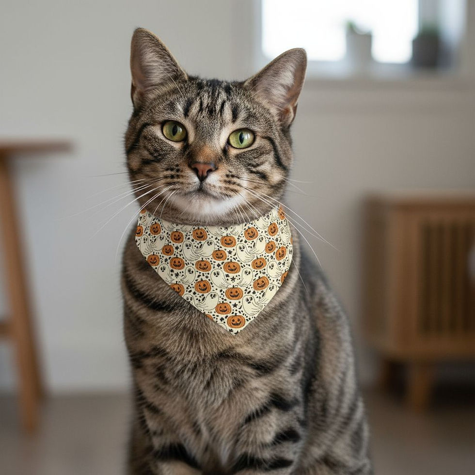 A tabby cat wearing a retro Halloween pet bandana with jack-o-lanterns and ghosts