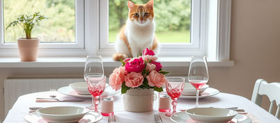 A cat sitting in the window sill behind a table decorated with pink flowers, bows and balloon.