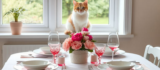 A cat sitting in the window sill behind a table decorated with pink flowers, bows and balloon.