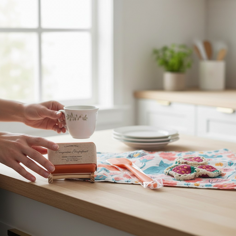 Kitchen Gift set with tangerine grapefruit soap, kitchen towel, hair clip and apron displayed on a kitchen countertop.
