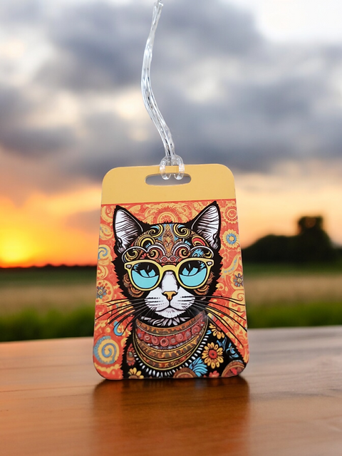 Hippie Cat Luggage Tag - Colorful, Durable Travel Tag for Cat