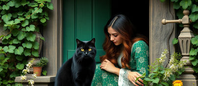 Woman in a green dress sits in a vine-covered doorway, petting a black cat. Lush plants and flowers surround them, creating a tranquil scene.