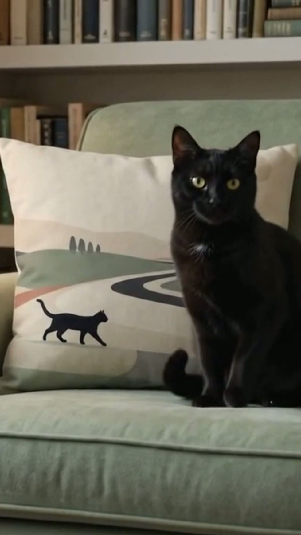 Video of a minimalist pillow with a black cat and winding road design