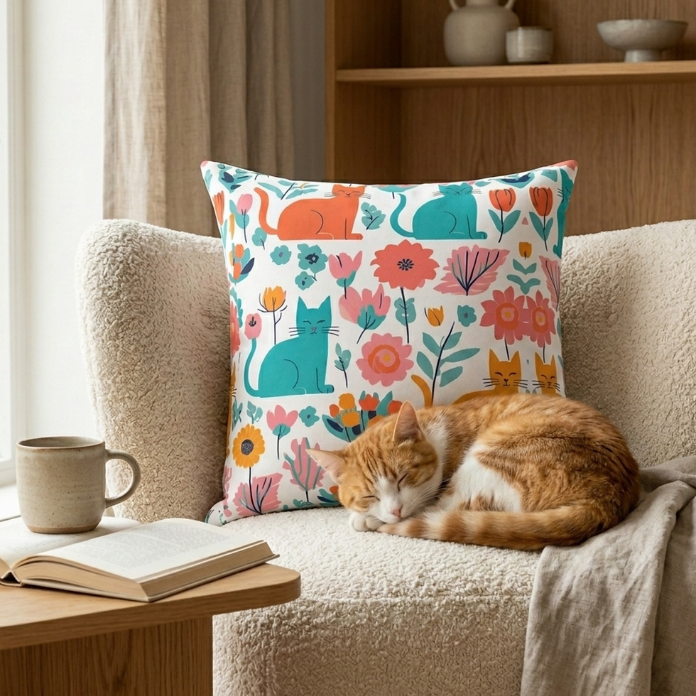 Thumbnail: A cozy reading nook featuring a sleeping orange-and-white tabby cat curled up on a plush cream armchair.
