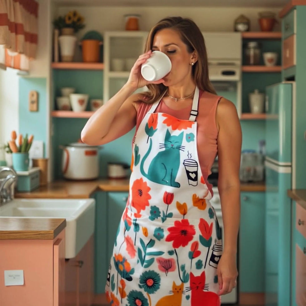 Thumbnail: Video of floral cat apron with coffee cups in use.