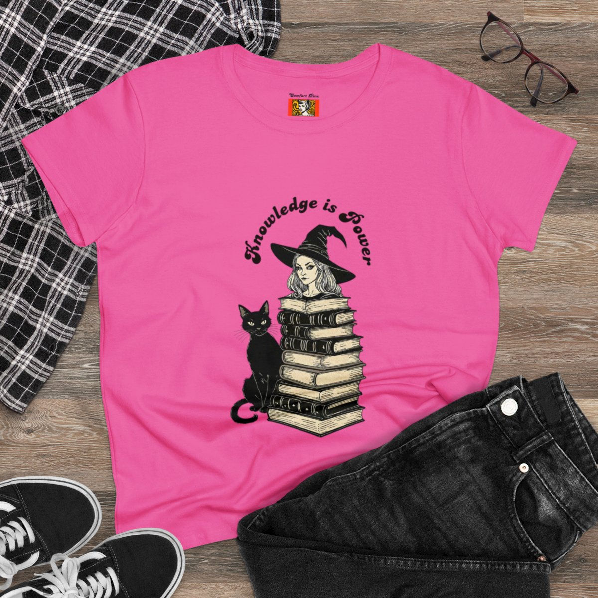 Hot Pink Azalea Halloween Tee with Witch and Black Cat paired with jeans