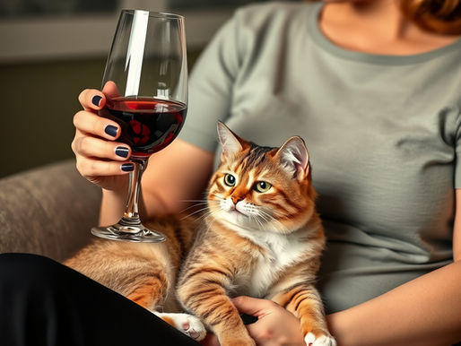 Woman on a couch holding a glass of red wine while a tabby cat lounges on her lap in a cozy, relaxed setting