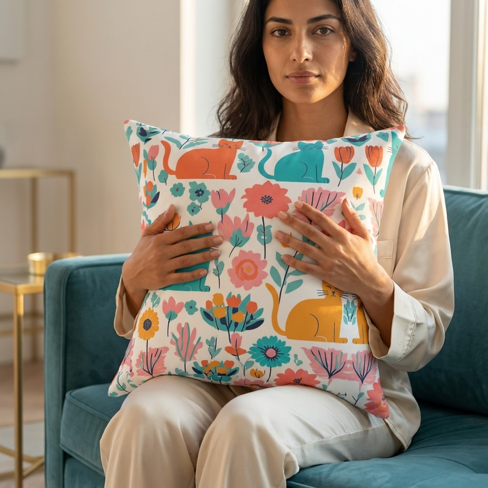 Woman in beige clothes holds a colorful cat-and-floral pillow while sitting on a teal sofa in a bright room.