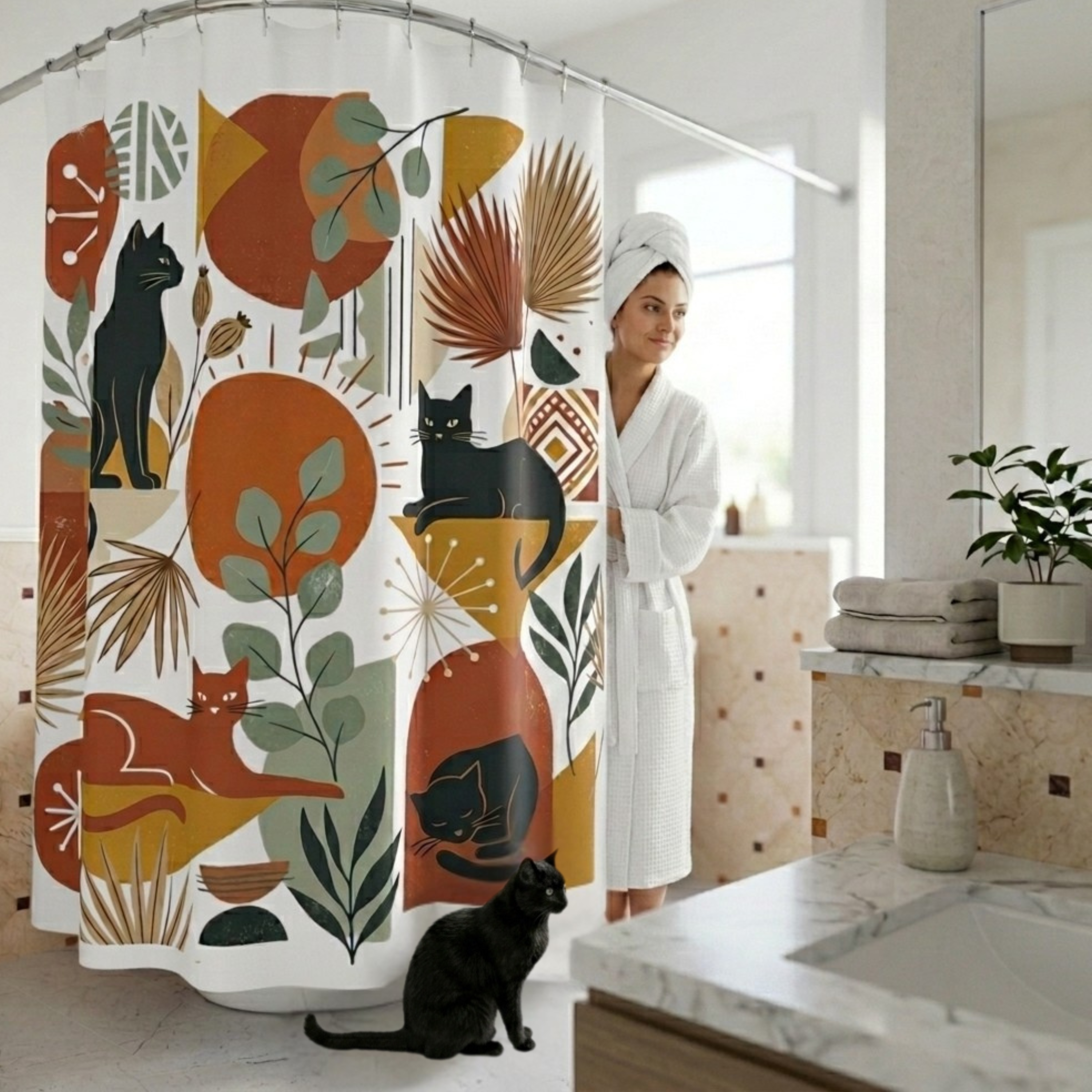 Woman wearing a robe and a black cat standing next to a shower curtain with black cats