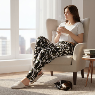 Tuxedo Cat Pajama Pants in an art deco design on a woman in a white shirt sipping coffee while lounging in a chair