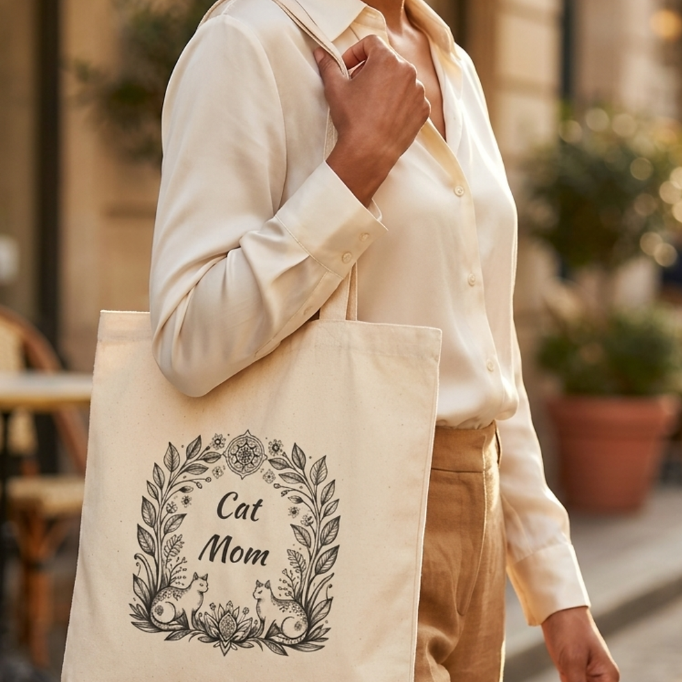 Cat Mom Tote Bag Styled on Woman On Street in Beige Shirt and Tan Pants