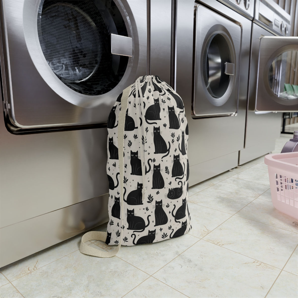 Black Cat Print Laundry Bag in Front of Dryer