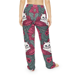 Hot Pink Pajama Pants with a white cat design